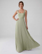Veloura Maxi Dress by Lauven — satin chiffon sleeveless square neck pleated A-line maxi dress