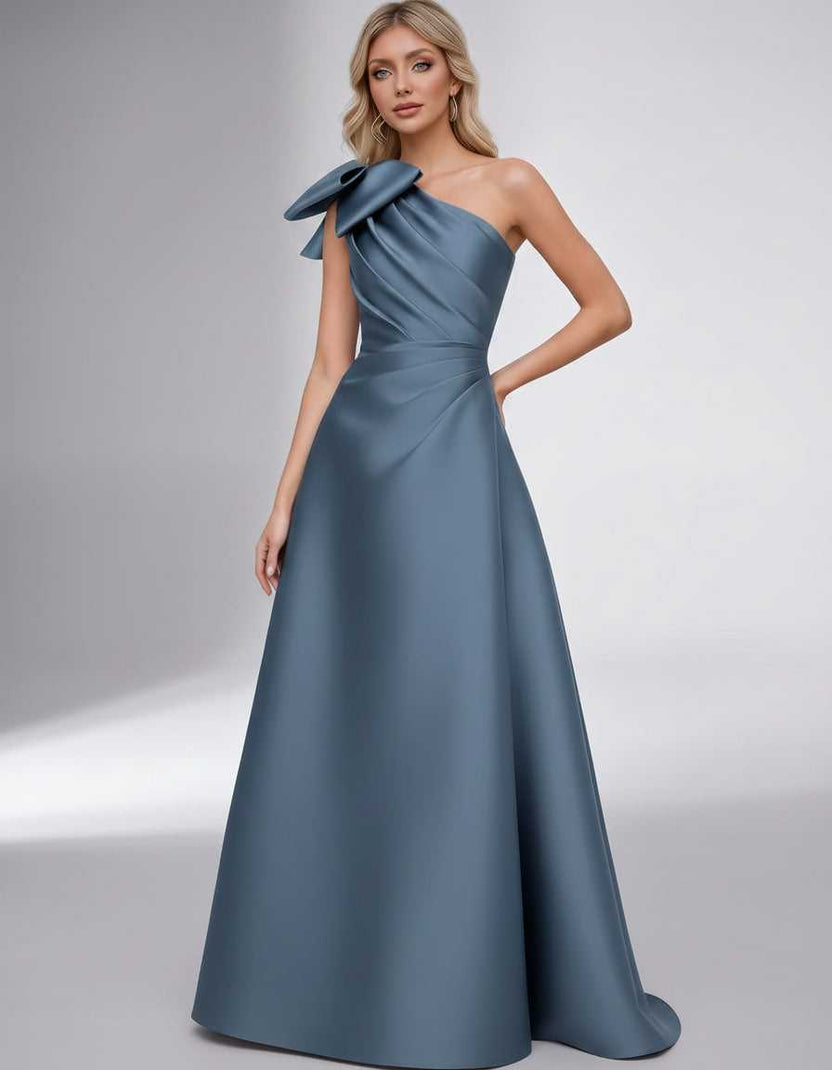 Celestia Maxi Dress by Lauven — turquoise blue satin one shoulder A-line maxi dress with bow