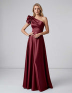 Aurevina Maxi Dress by Lauven — satin one shoulder A-line maxi dress with ruffle detail