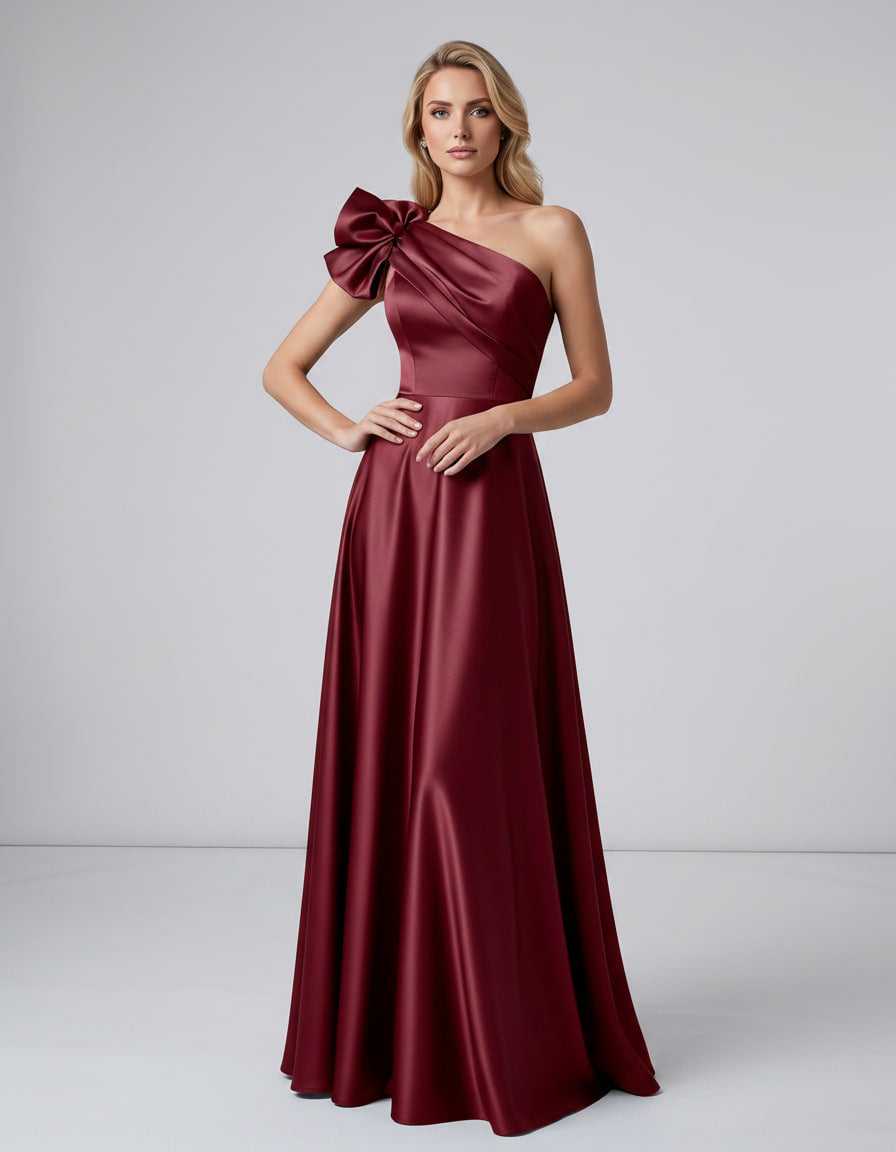 Aurevina Maxi Dress by Lauven — satin one shoulder A-line maxi dress with ruffle detail