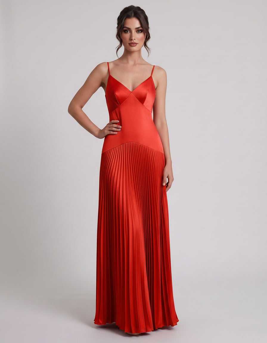 Veloura Maxi Dress by Lauven — satin spaghetti strap V-neck A-line maxi dress