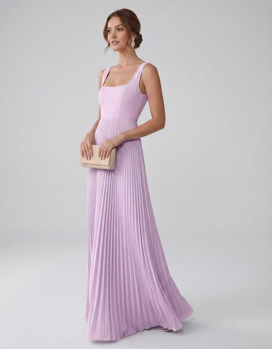 Veloura Maxi Dress by Lauven — satin chiffon sleeveless square neck pleated A-line maxi dress