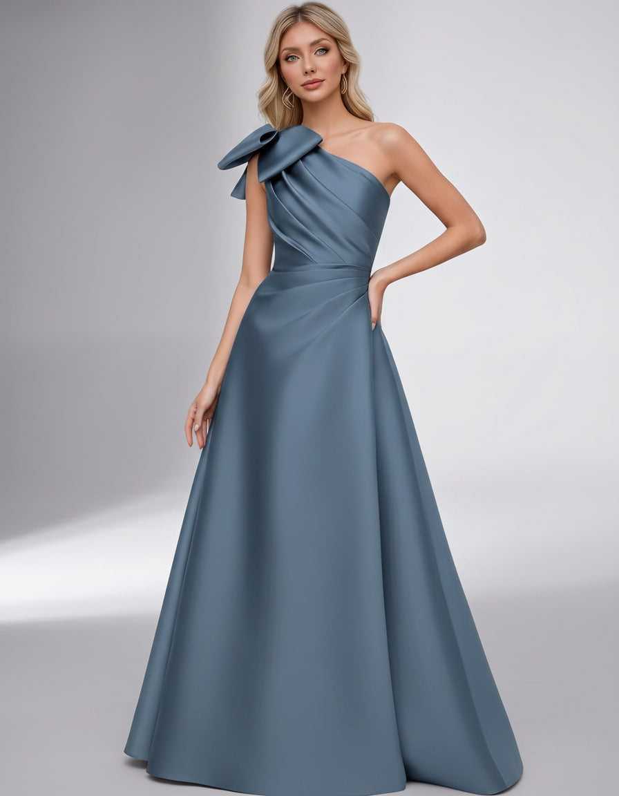 Celestia Maxi Dress by Lauven — satin one shoulder A-line maxi dress with bow