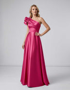 Aurevina Maxi Dress by Lauven — satin one shoulder A-line maxi dress with ruffle detail