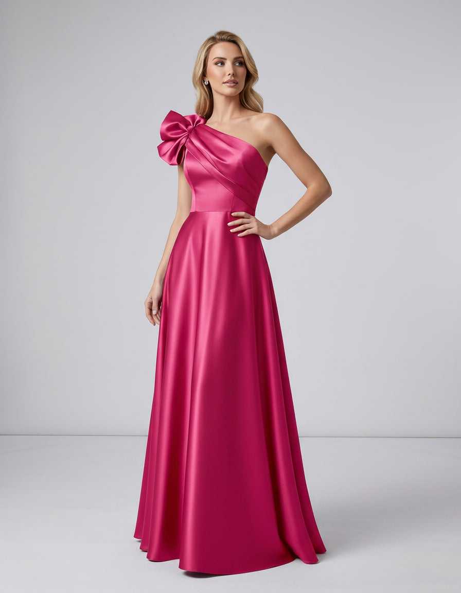 Aurevina Maxi Dress by Lauven — satin one shoulder A-line maxi dress with ruffle detail