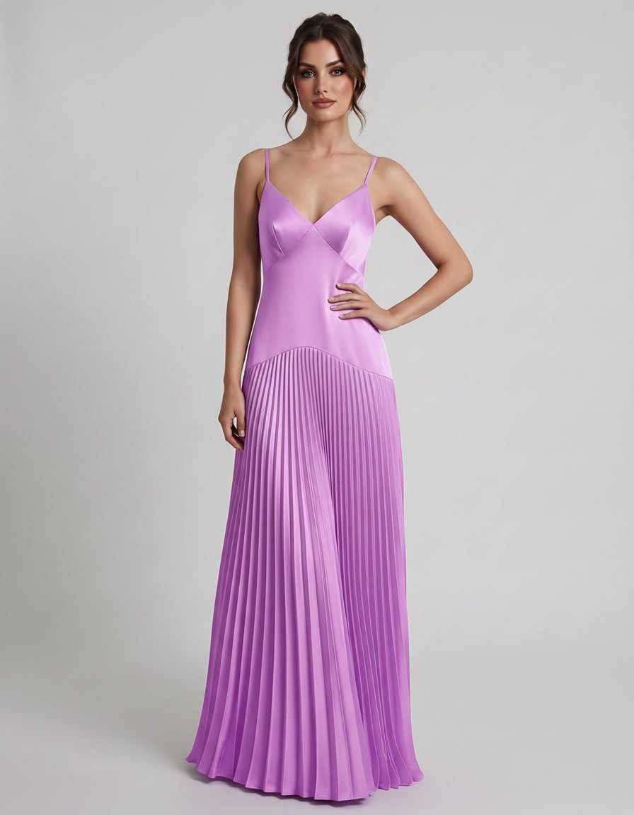 Veloura Maxi Dress by Lauven — satin spaghetti strap V-neck A-line maxi dress