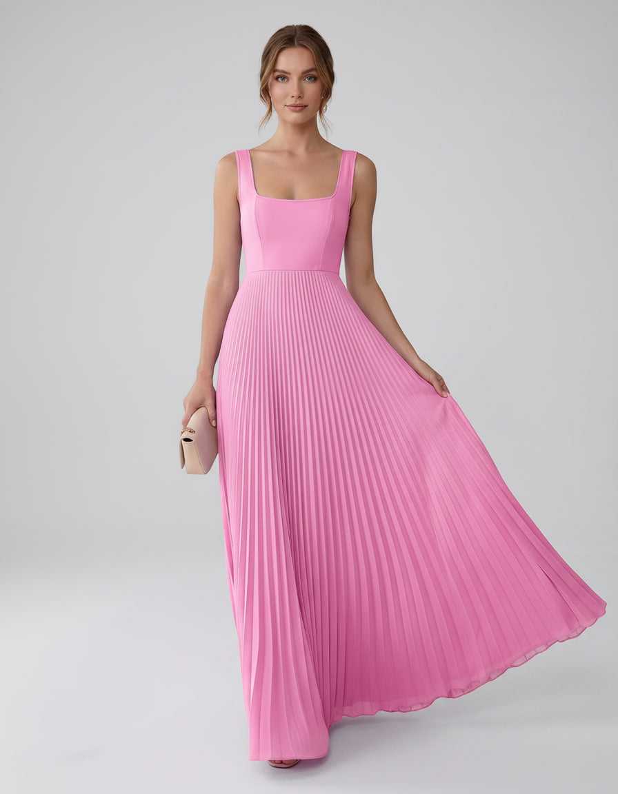 Veloura Maxi Dress by Lauven — satin chiffon sleeveless square neck pleated A-line maxi dress