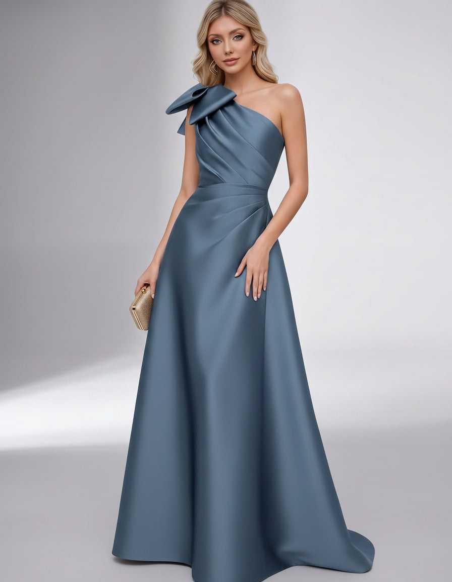 Celestia Maxi Dress by Lauven — satin one shoulder A-line maxi dress with bow