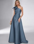 Celestia Maxi Dress by Lauven — satin one shoulder A-line maxi dress with bow