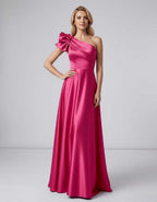 Aurevina Maxi Dress by Lauven — satin one shoulder A-line maxi dress with ruffle detail