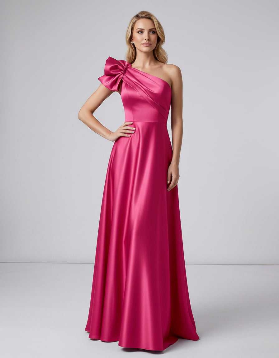 Aurevina Maxi Dress by Lauven — satin one shoulder A-line maxi dress with ruffle detail