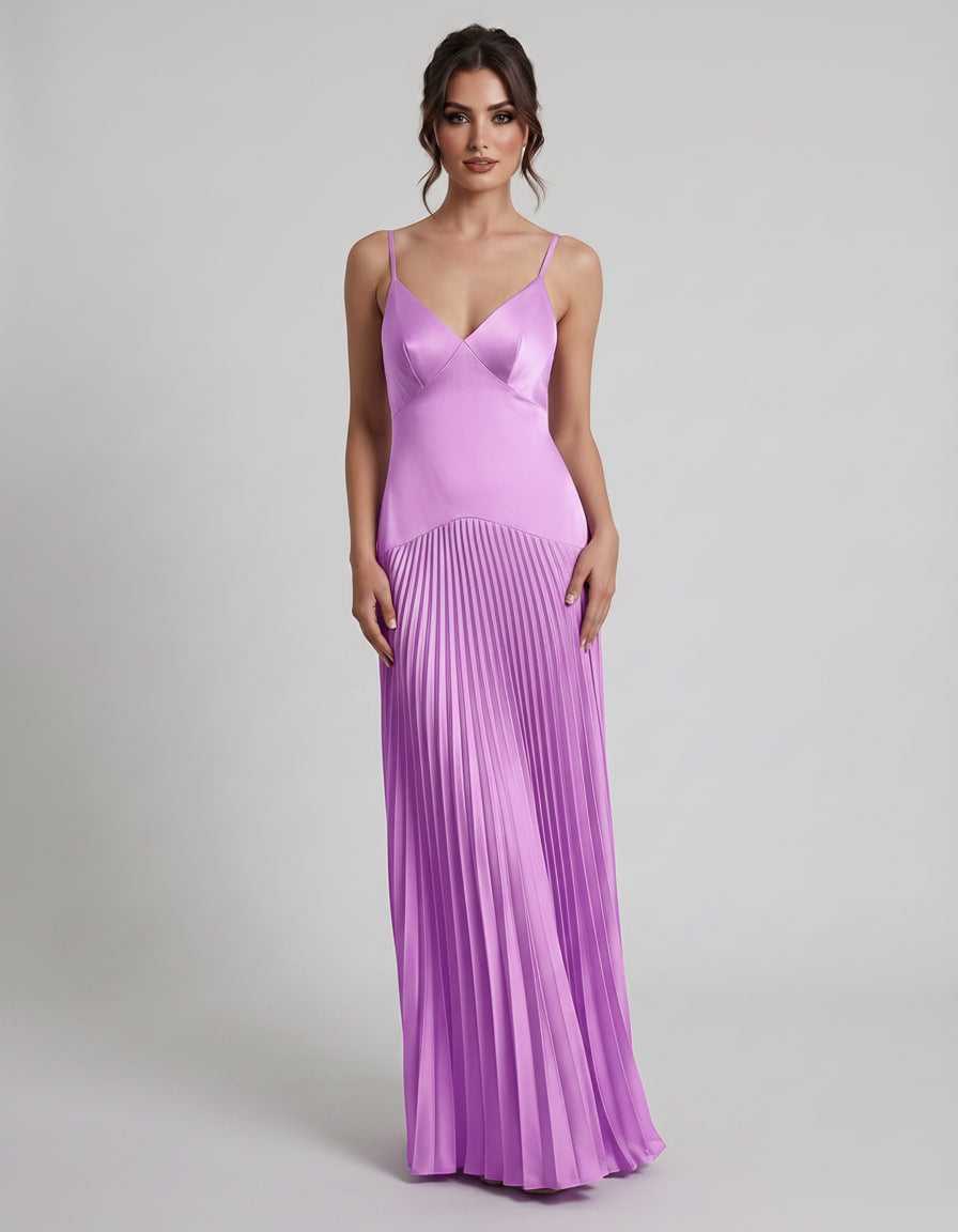 Veloura Maxi Dress by Lauven — satin spaghetti strap V-neck A-line maxi dress