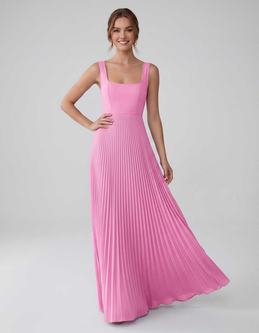Veloura Maxi Dress by Lauven — satin chiffon sleeveless square neck pleated A-line maxi dress