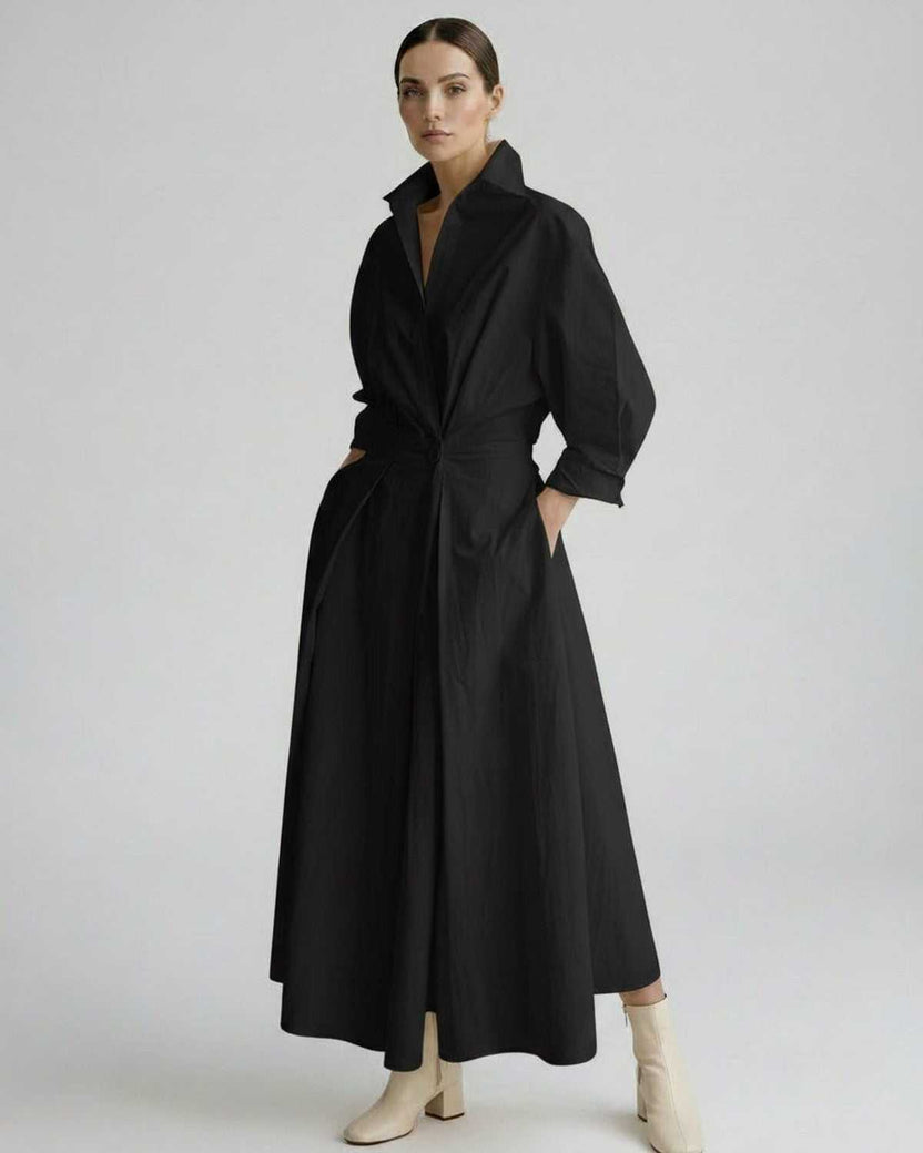 Aurelia Midi Dress by Lauven — black breathable fabric long sleeve stand collar belted A-line midi dress