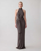 Serelle Maxi Dress by Lauven — gray polyester sleeveless halter neck fitted column maxi dress
