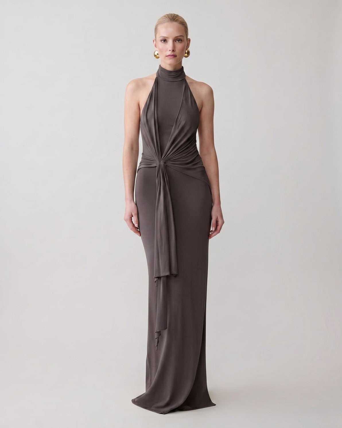 Serelle Maxi Dress by Lauven — gray polyester sleeveless halter neck fitted column maxi dress