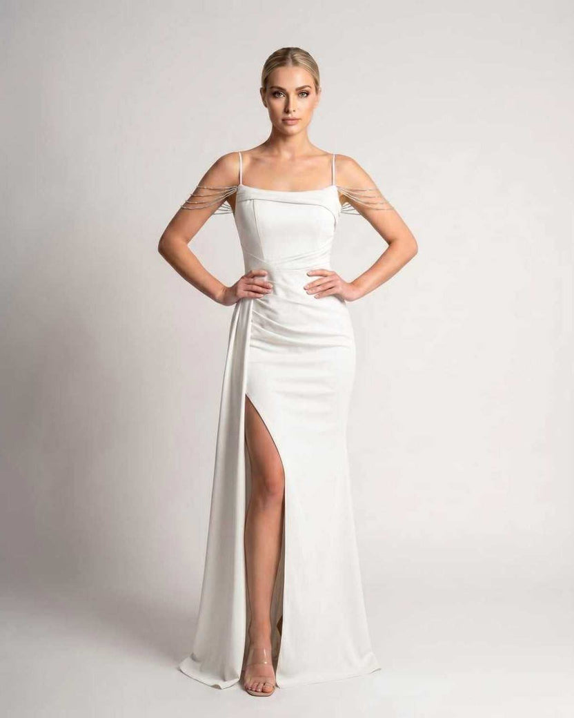 Celestia Maxi Dress by Lauven — white polyester spaghetti strap mermaid maxi dress with beading and split