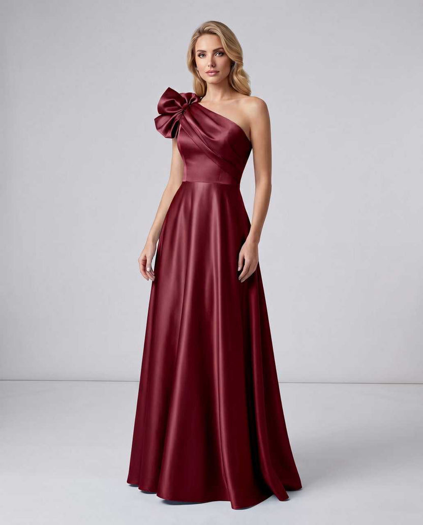 Aurevina Maxi Dress by Lauven — burgundy satin one shoulder A-line maxi dress with ruffle detail