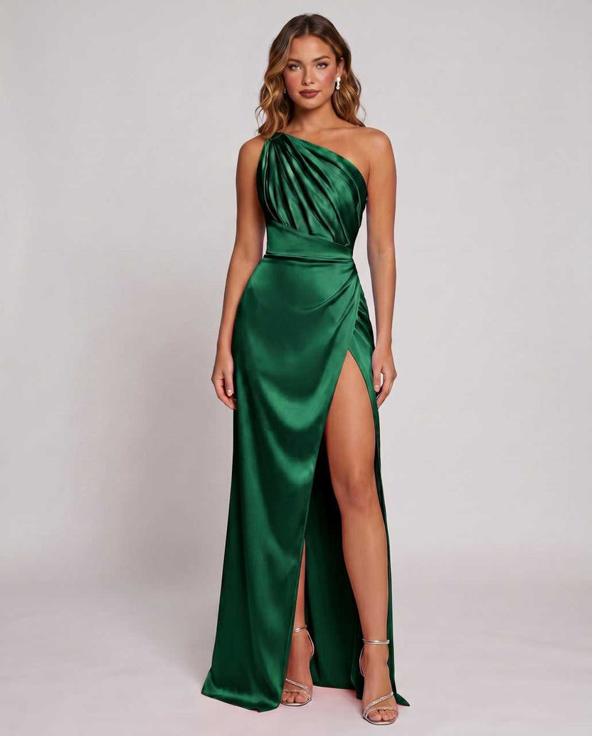 Veloura Maxi Dress by Lauven — green satin one-shoulder mermaid maxi dress with slit