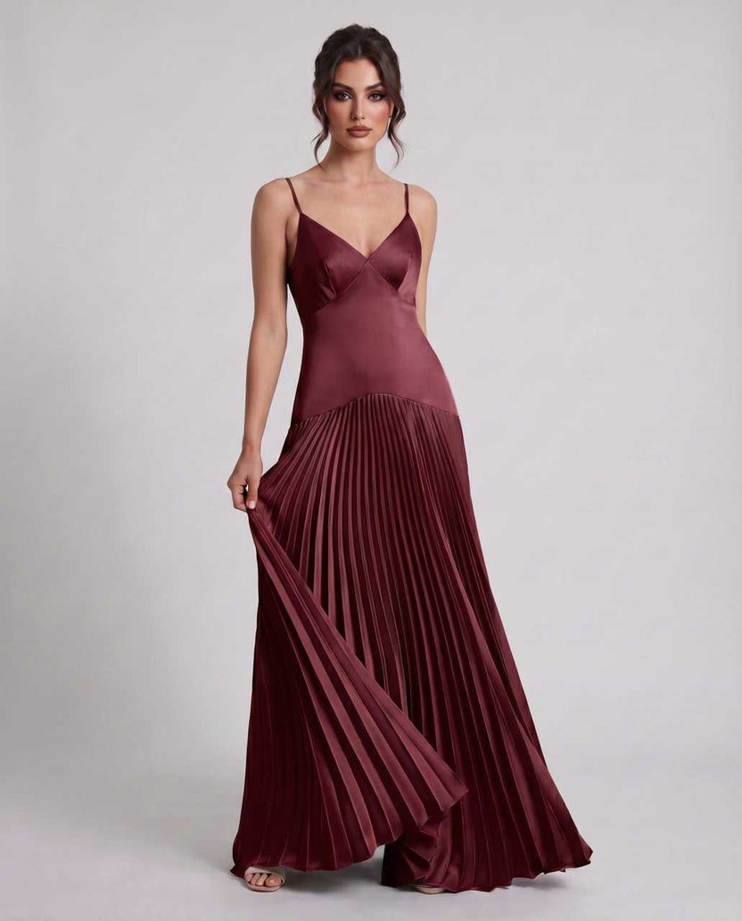 Veloura Maxi Dress by Lauven — burgundy satin spaghetti strap V-neck A-line maxi dress