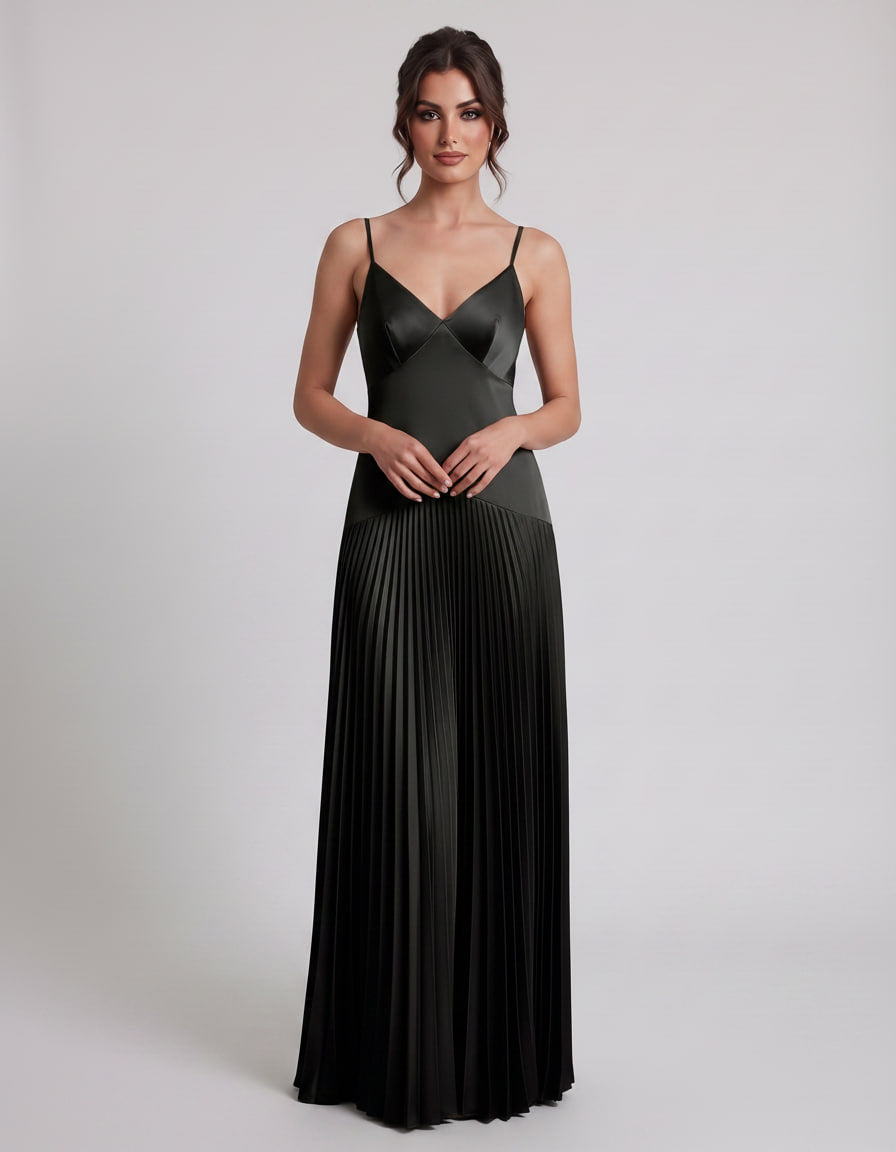 Veloura Maxi Dress by Lauven — satin spaghetti strap V-neck A-line maxi dress