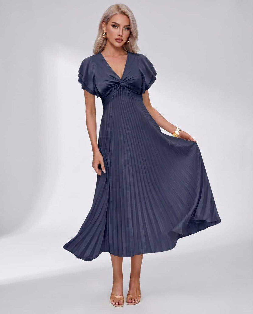 Veloura Midi Dress by Lauven — navy pleated chiffon flutter sleeve V-neck A-line midi dress