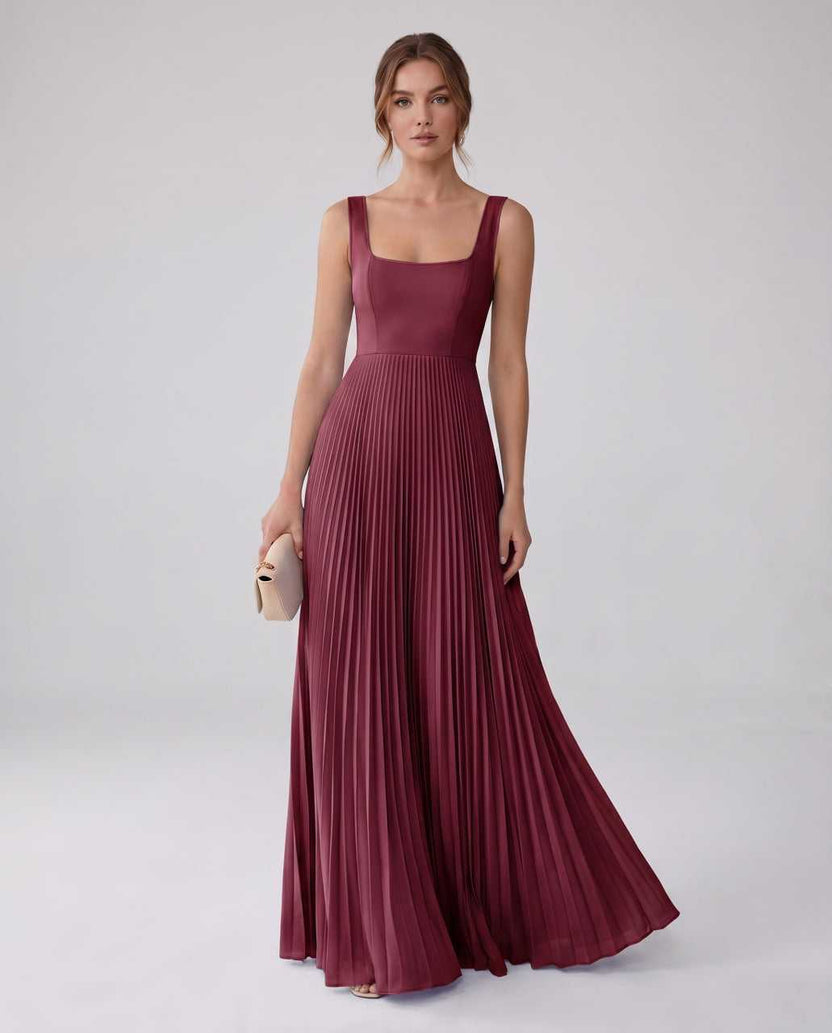 Veloura Maxi Dress by Lauven — burgundy satin chiffon sleeveless square neck pleated A-line maxi dress