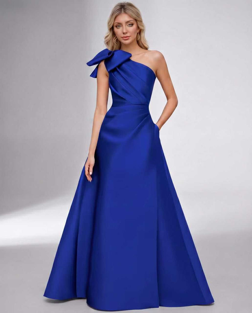 Celestia Maxi Dress by Lauven — royal blue satin one shoulder A-line maxi dress with bow
