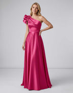 Aurevina Maxi Dress by Lauven — satin one shoulder A-line maxi dress with ruffle detail