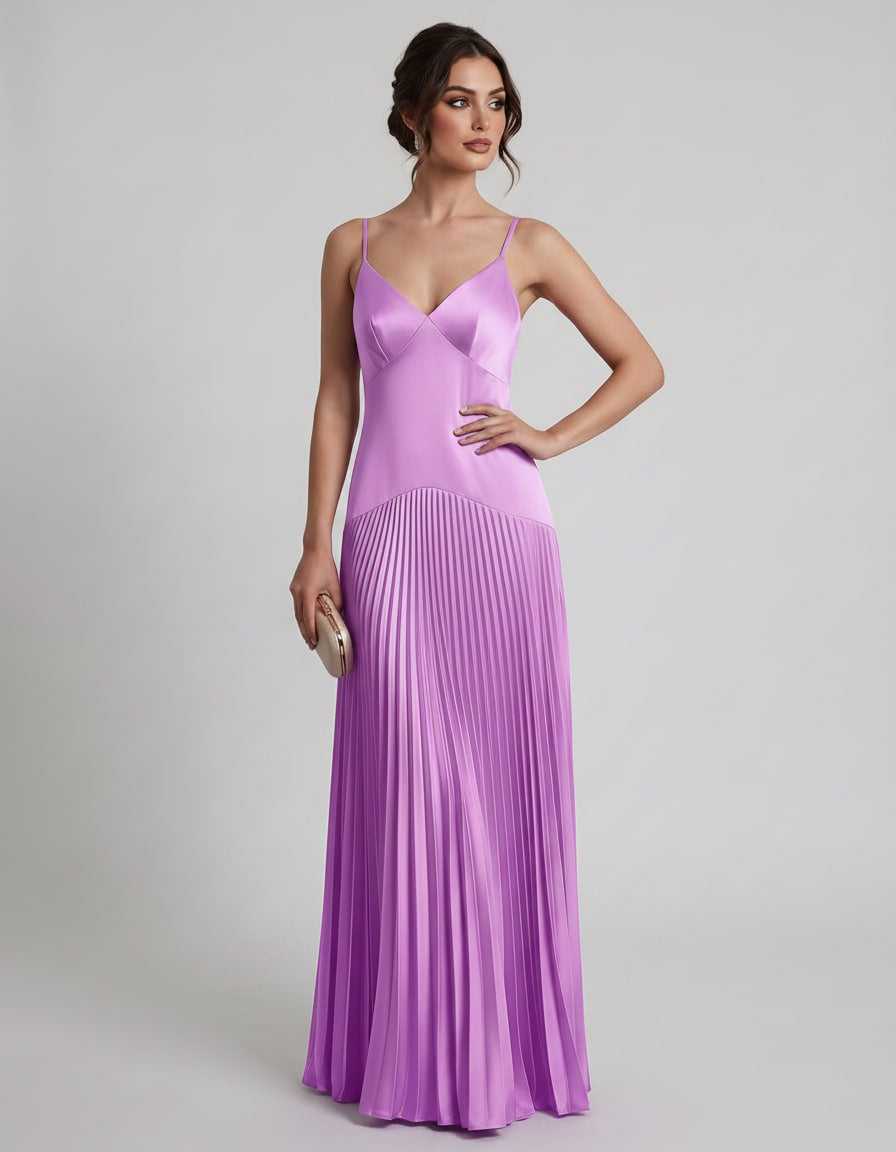 Veloura Maxi Dress by Lauven — satin spaghetti strap V-neck A-line maxi dress