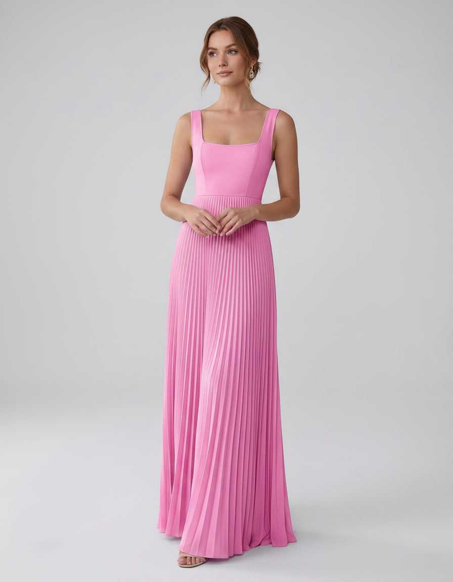 Veloura Maxi Dress by Lauven — satin chiffon sleeveless square neck pleated A-line maxi dress