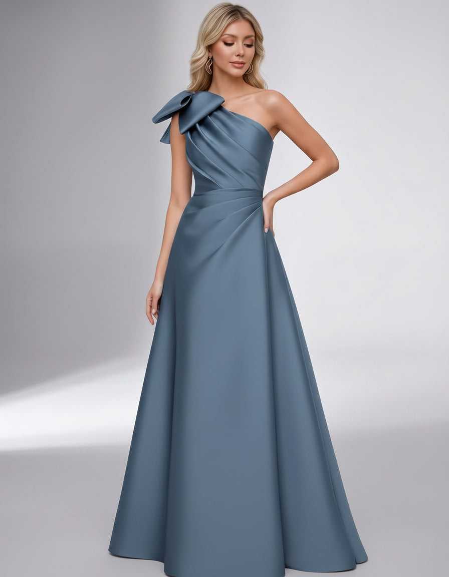 Celestia Maxi Dress by Lauven — satin one shoulder A-line maxi dress with bow