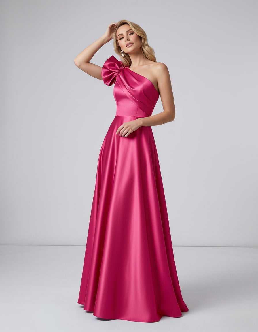 Aurevina Maxi Dress by Lauven — satin one shoulder A-line maxi dress with ruffle detail