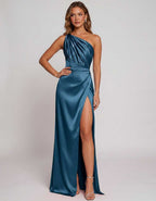 Veloura Maxi Dress by Lauven — satin one-shoulder mermaid maxi dress with slit