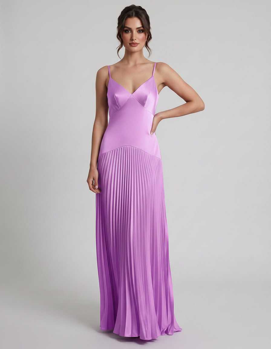 Veloura Maxi Dress by Lauven — satin spaghetti strap V-neck A-line maxi dress
