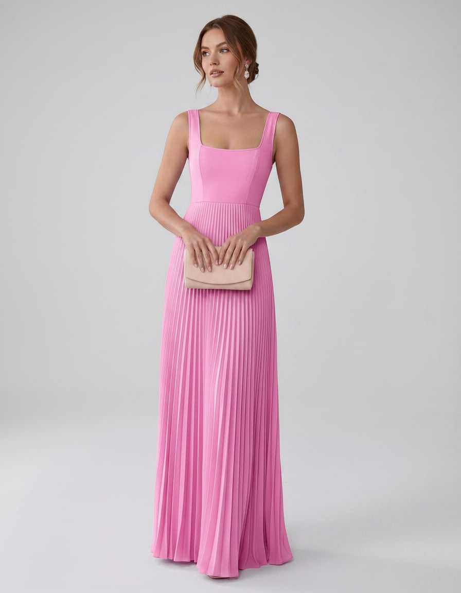 Veloura Maxi Dress by Lauven — satin chiffon sleeveless square neck pleated A-line maxi dress