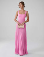 Veloura Maxi Dress by Lauven — satin chiffon sleeveless square neck pleated A-line maxi dress