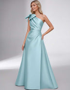 Celestia Maxi Dress by Lauven — satin one shoulder A-line maxi dress with bow