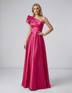 Aurevina Maxi Dress by Lauven — satin one shoulder A-line maxi dress with ruffle detail