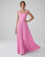 Veloura Maxi Dress by Lauven — satin chiffon sleeveless square neck pleated A-line maxi dress