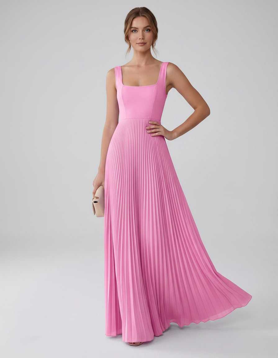 Veloura Maxi Dress by Lauven — satin chiffon sleeveless square neck pleated A-line maxi dress