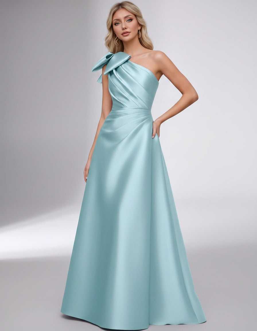 Celestia Maxi Dress by Lauven — satin one shoulder A-line maxi dress with bow
