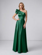 Aurevina Maxi Dress by Lauven — satin one shoulder A-line maxi dress with ruffle detail