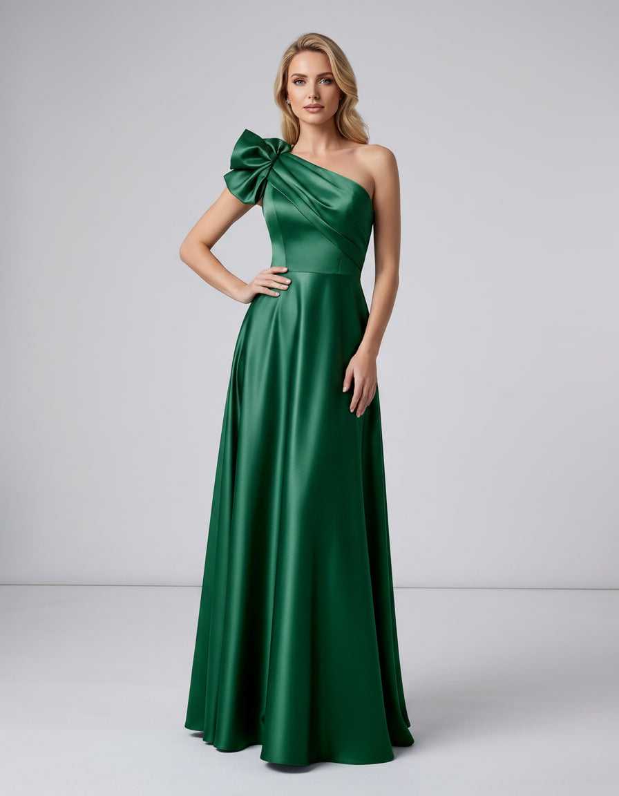 Aurevina Maxi Dress by Lauven — satin one shoulder A-line maxi dress with ruffle detail