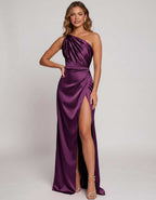 Veloura Maxi Dress by Lauven — satin one-shoulder mermaid maxi dress with slit