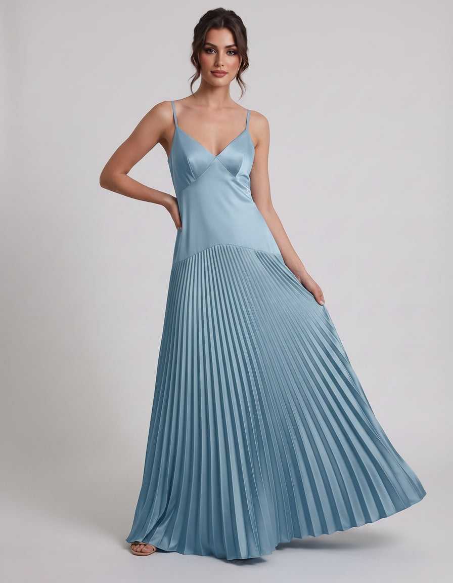 Veloura Maxi Dress by Lauven — satin spaghetti strap V-neck A-line maxi dress