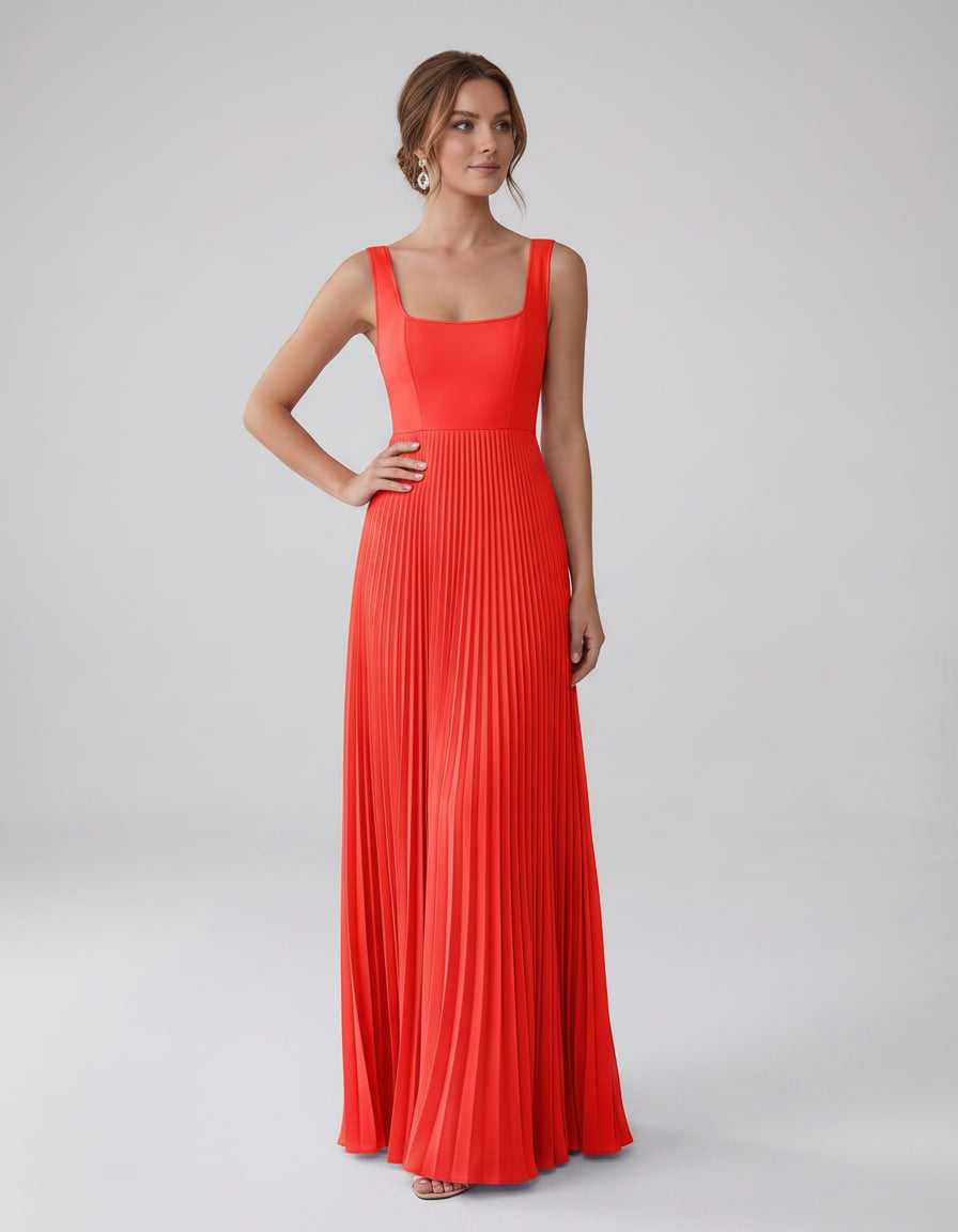 Veloura Maxi Dress by Lauven — satin chiffon sleeveless square neck pleated A-line maxi dress