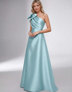 Celestia Maxi Dress by Lauven — satin one shoulder A-line maxi dress with bow
