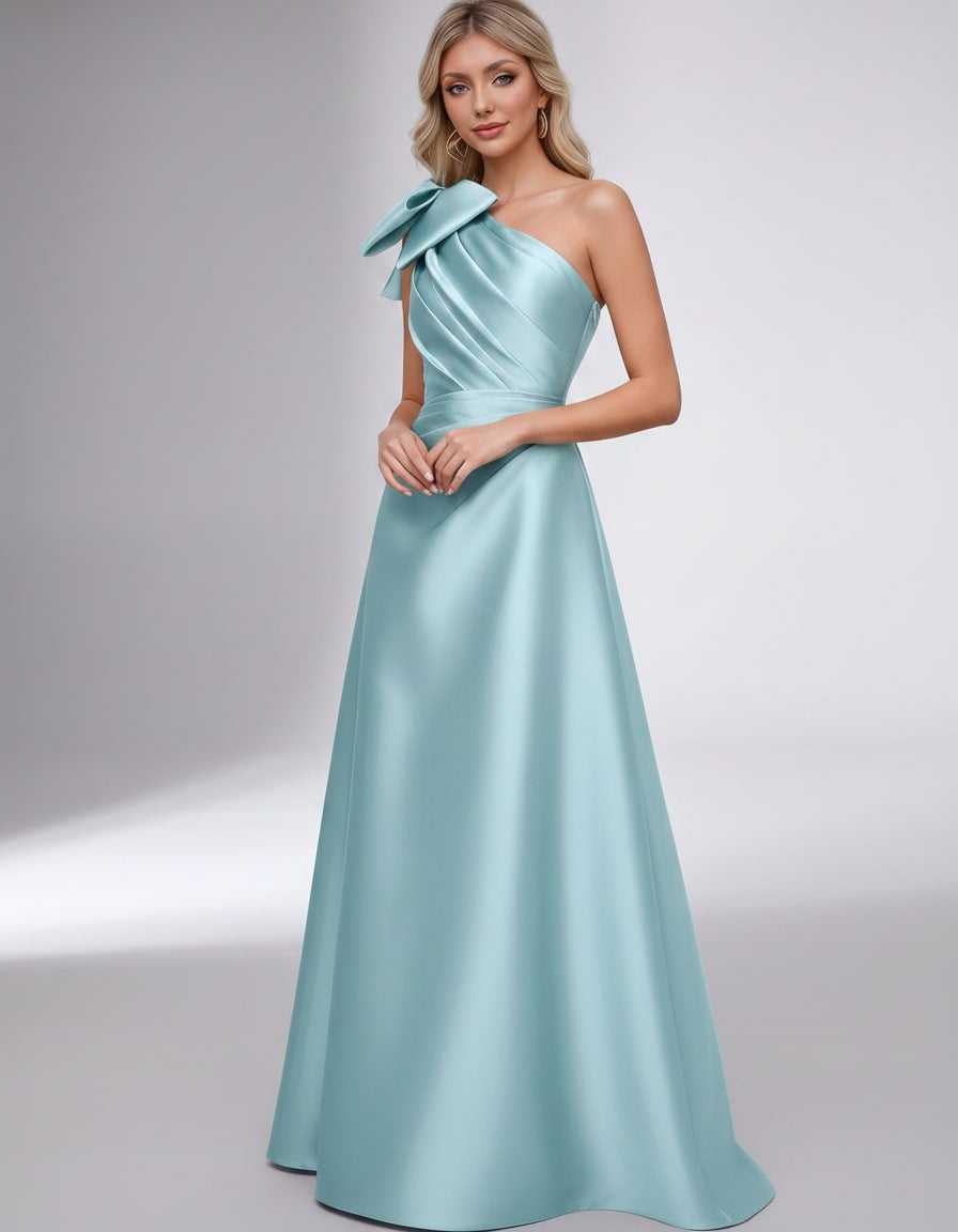 Celestia Maxi Dress by Lauven — satin one shoulder A-line maxi dress with bow