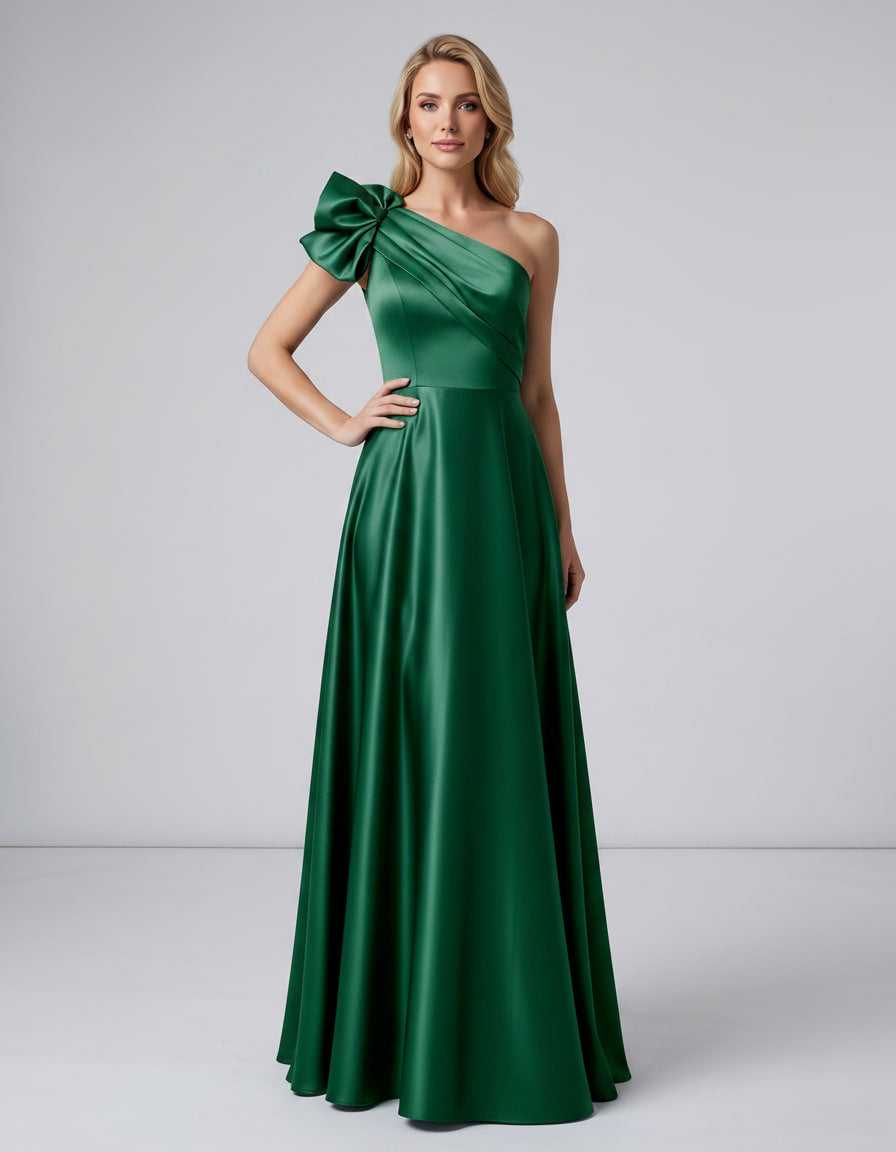 Aurevina Maxi Dress by Lauven — satin one shoulder A-line maxi dress with ruffle detail